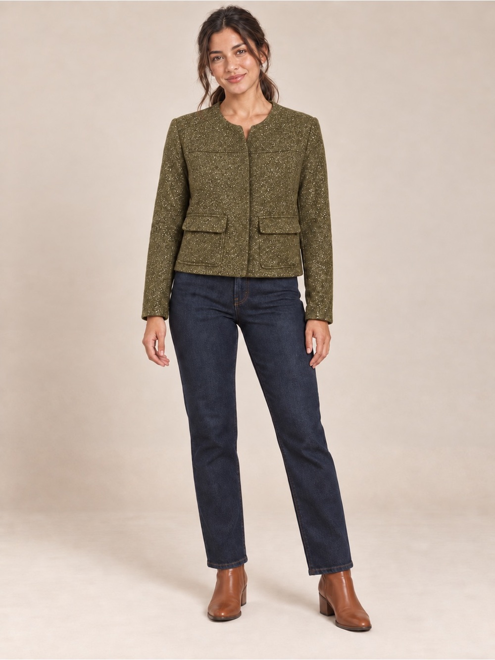 A New Day Olive Green Tweed Collarless Blazer Jacket Women 10